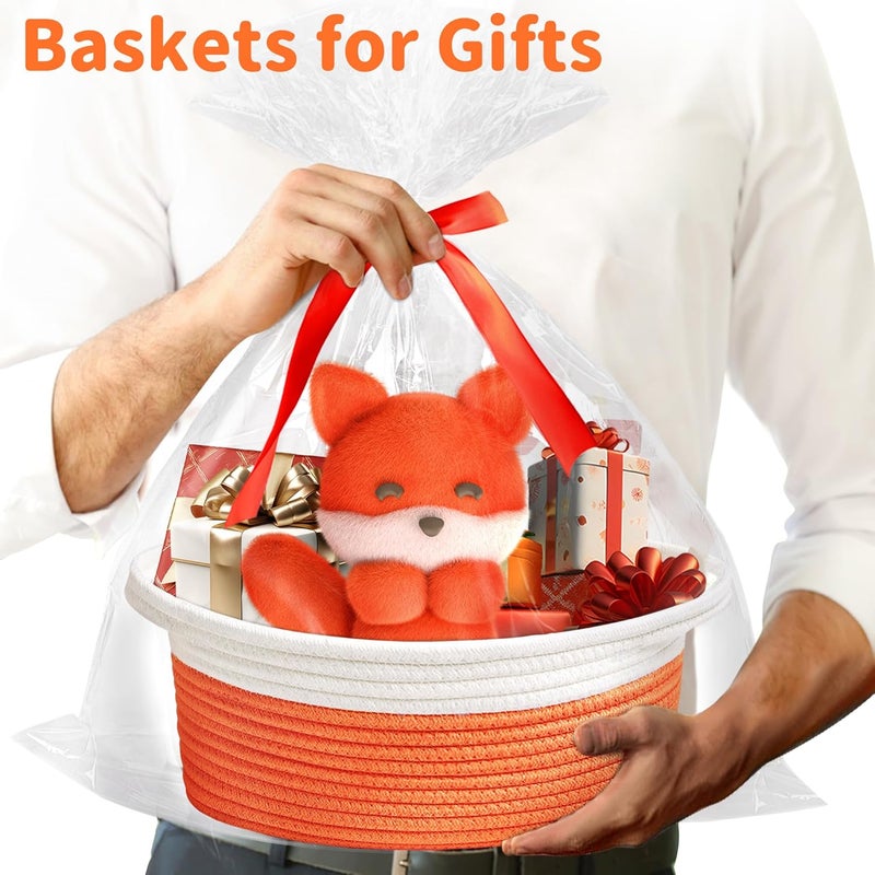 Yeeeasy Small Woven Basket with Gift Bags and Ribbons Cute Baskets for Gifts Empty 12"x8"x5" Small Rope Toy Basket for Babies Baskets for Storage, White & Orange - Image 2